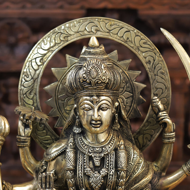 Brass Durga Idol, Sitting on a Lion, Embodiment of Power & Grace, Antique Gold Finish 22"