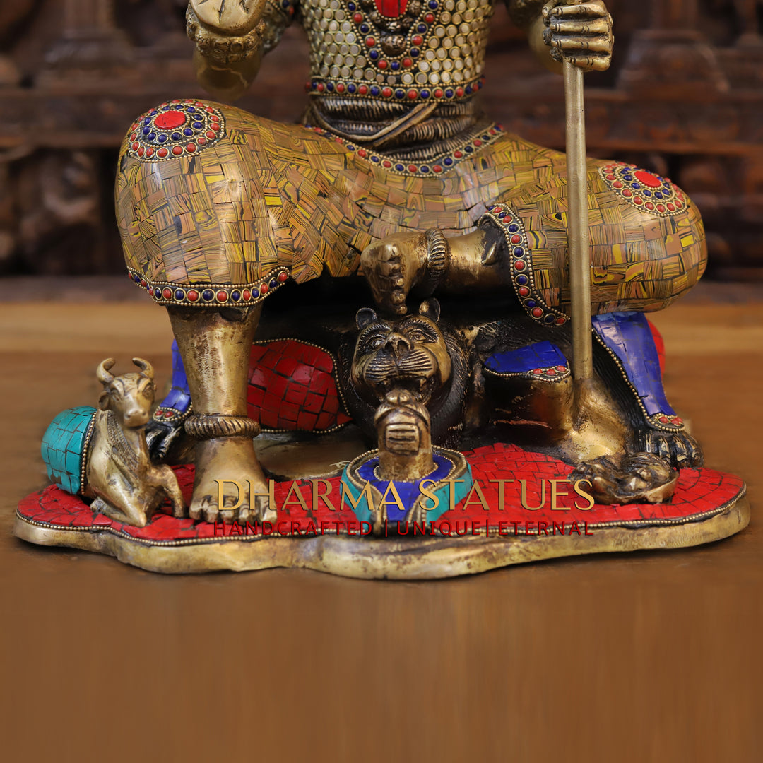 Brass Lord Shiva Idol, Seated in Vibrant Ceremonial Attire, Intricate Stonework, 18.5"