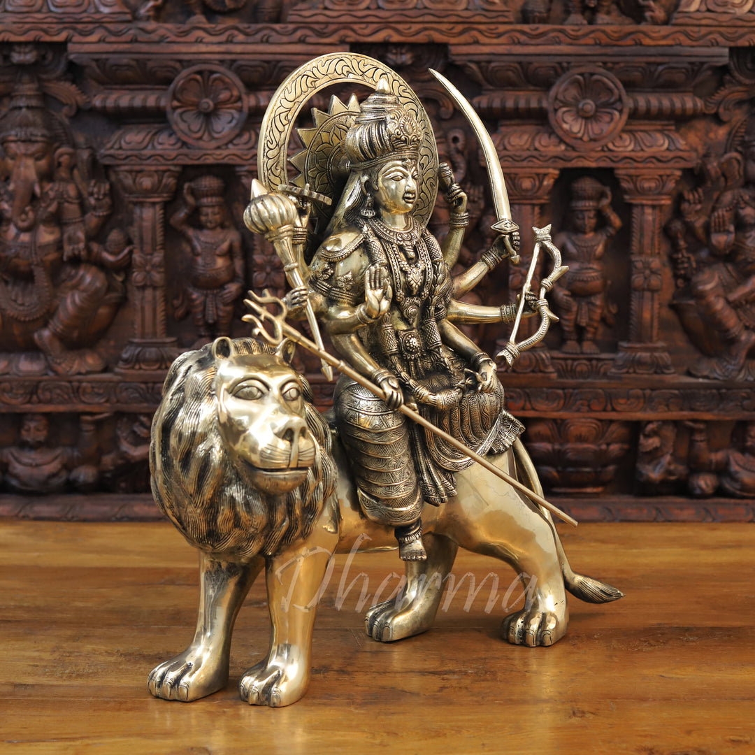 Brass Durga Idol, Sitting on a Lion, Embodiment of Power & Grace, Antique Gold Finish 22"