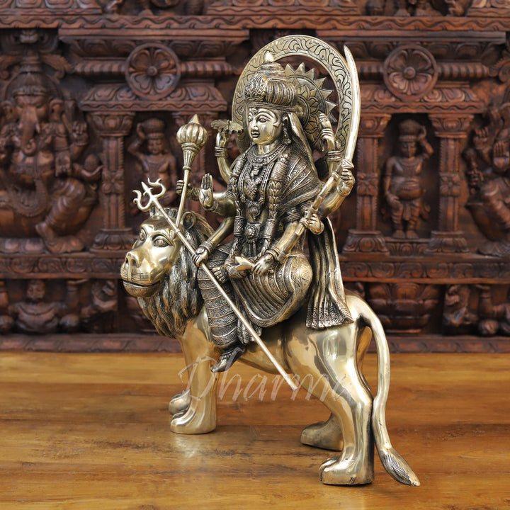 Brass Durga Idol, Sitting on a Lion, Embodiment of Power & Grace, Antique Gold Finish 22"