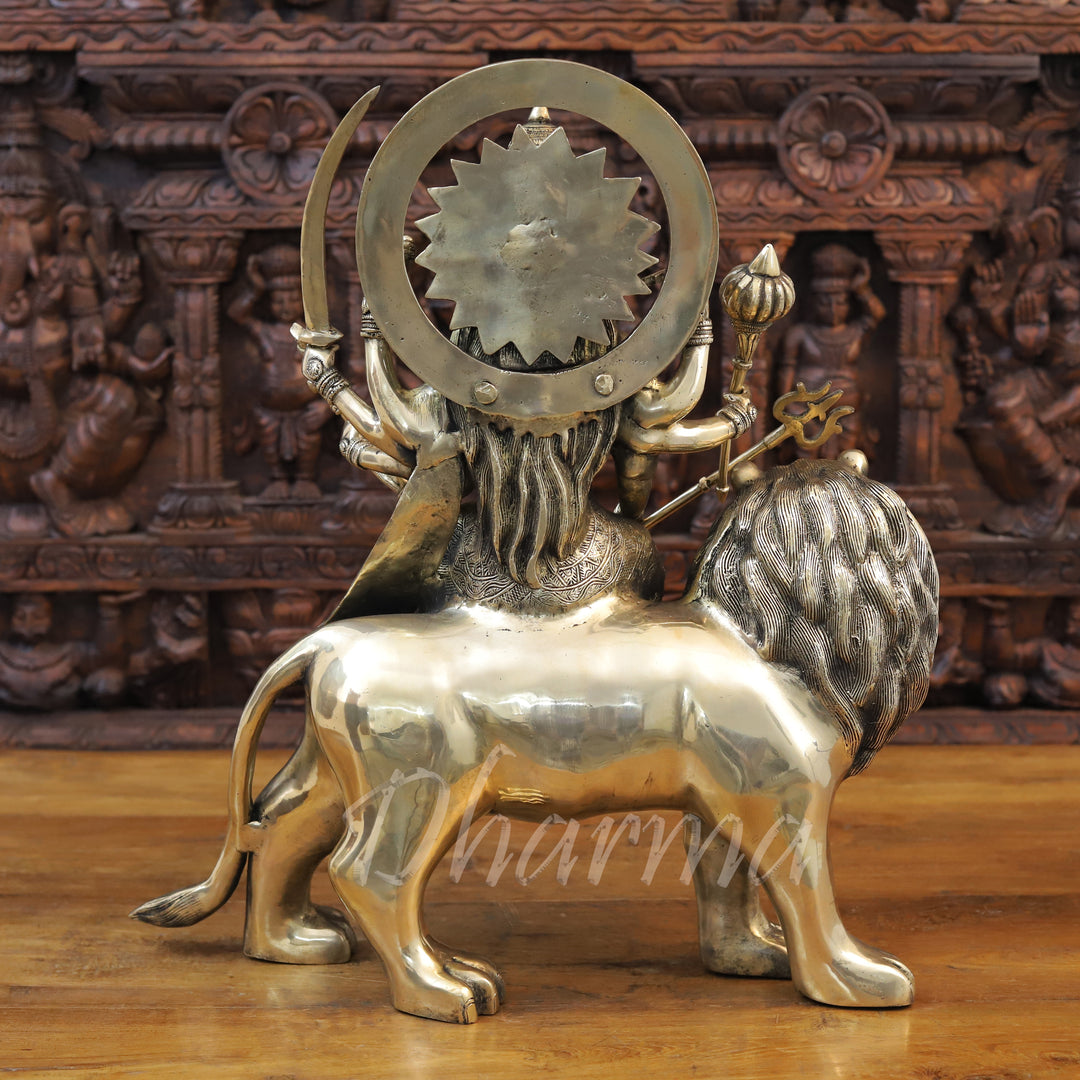 Brass Durga Idol, Sitting on a Lion, Embodiment of Power & Grace, Antique Gold Finish 22"