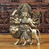 Brass Durga Idol, Seated on a Lion, Fine Golden Finish 23.5" Front View