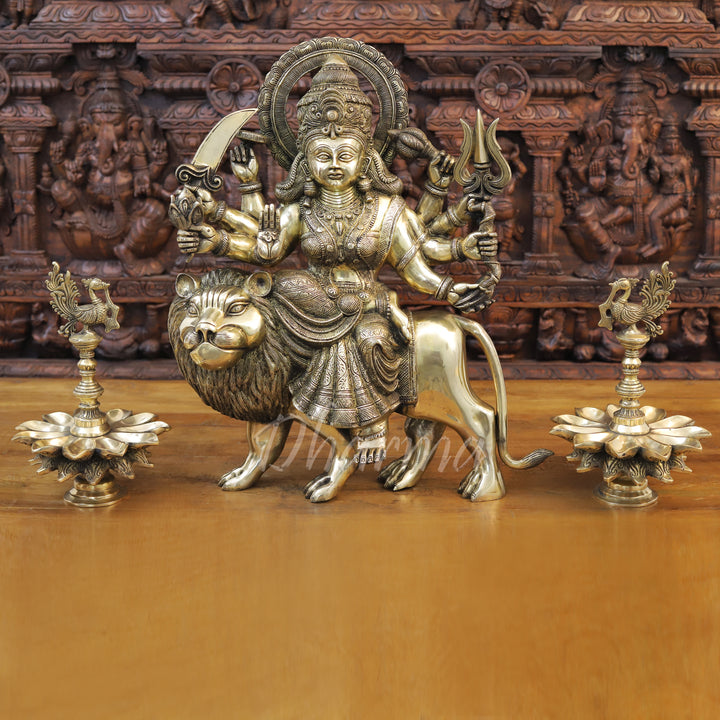 Brass Durga Statue, Seated on a Lion, Divine Power & Elegance, Antique Golden Finish 23.5"