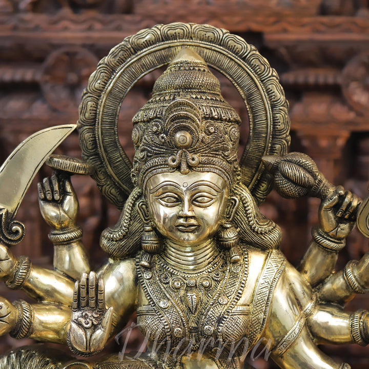 Brass Durga Statue, Seated on a Lion, Divine Power & Elegance, Antique Golden Finish 23.5"