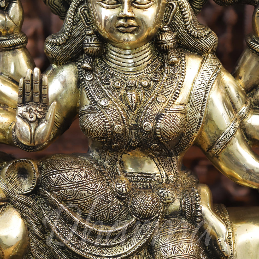 Brass Durga Statue, Seated on a Lion, Divine Power & Elegance, Antique Golden Finish 23.5"