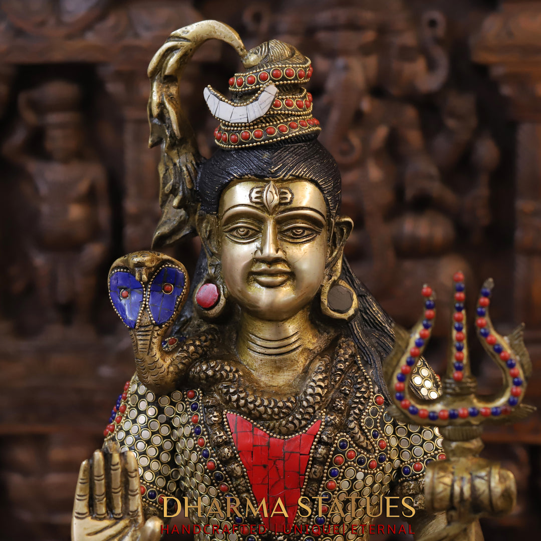 Brass Lord Shiva Idol, Seated in Vibrant Ceremonial Attire, Intricate Stonework, 18.5"