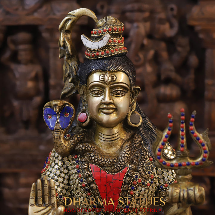 Brass Lord Shiva Idol, Seated in Vibrant Ceremonial Attire, Intricate Stonework, 18.5"