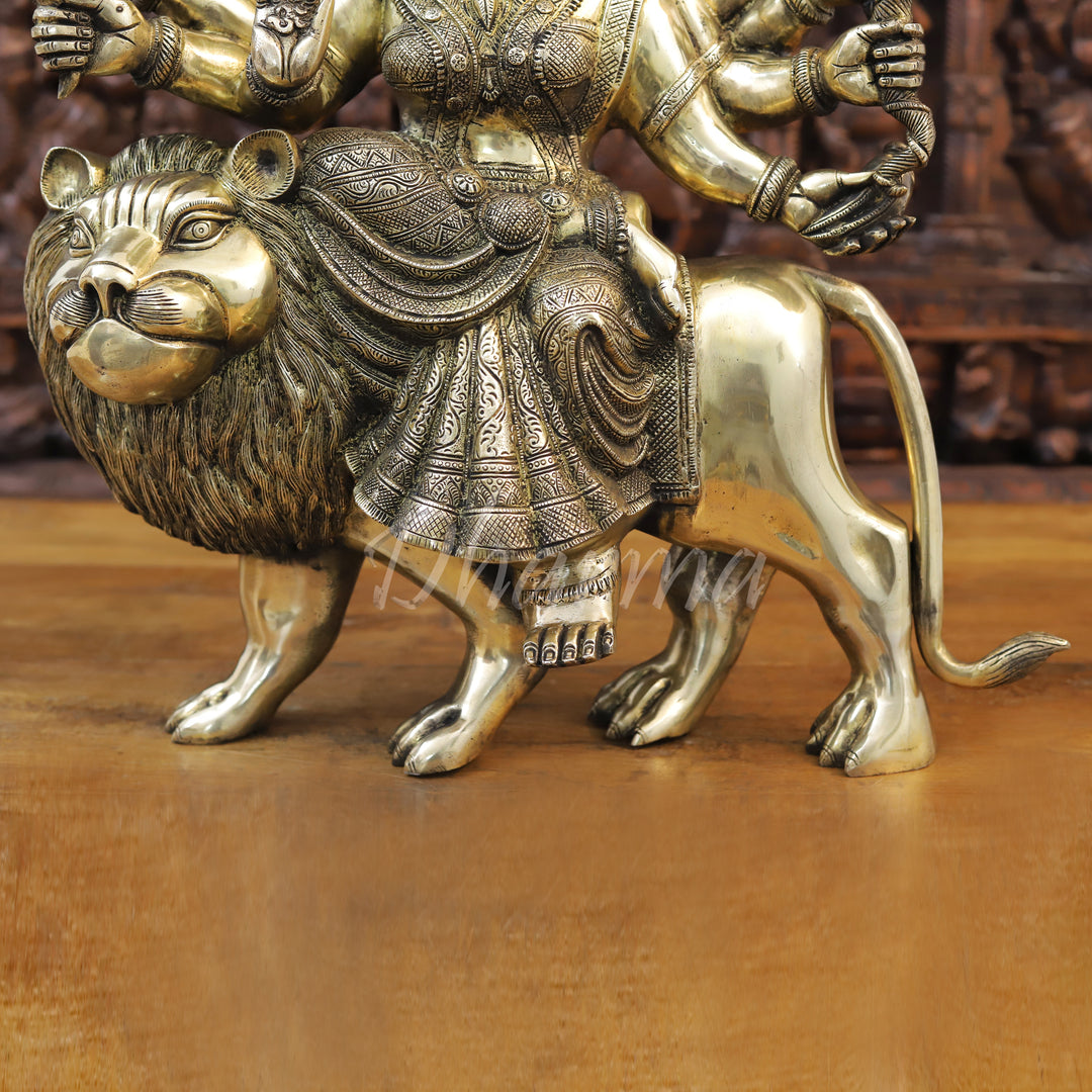 Brass Durga Statue, Seated on a Lion, Divine Power & Elegance, Antique Golden Finish 23.5"