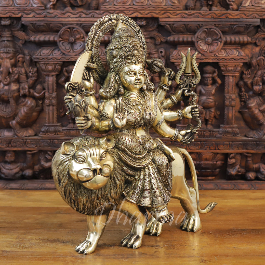 Brass Durga Statue, Seated on a Lion, Divine Power & Elegance, Antique Golden Finish 23.5"