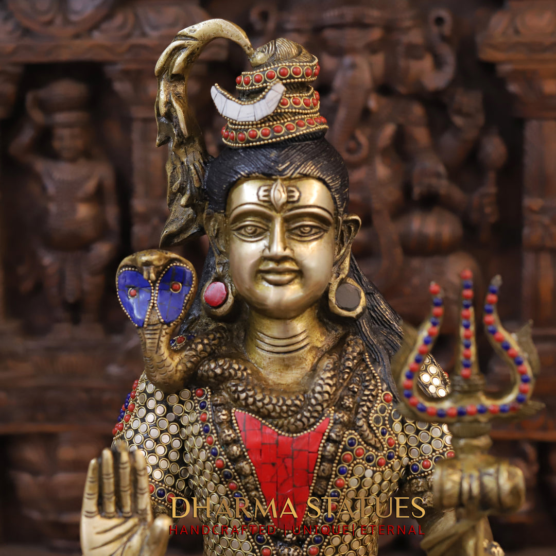 Brass Lord Shiva Idol, Seated in Vibrant Ceremonial Attire, Intricate Stonework, 18.5"