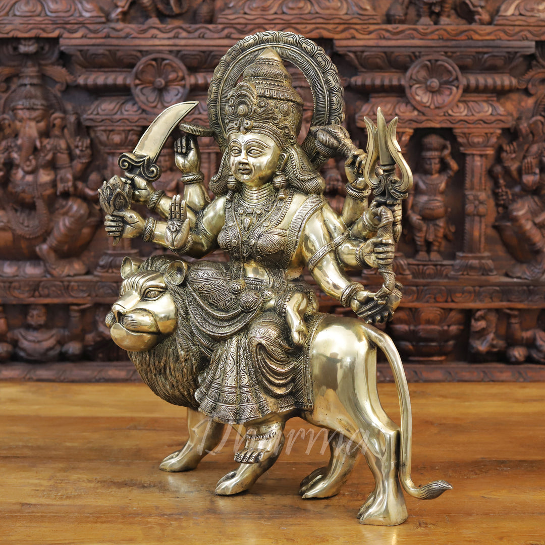 Brass Durga Statue, Seated on a Lion, Divine Power & Elegance, Antique Golden Finish 23.5"