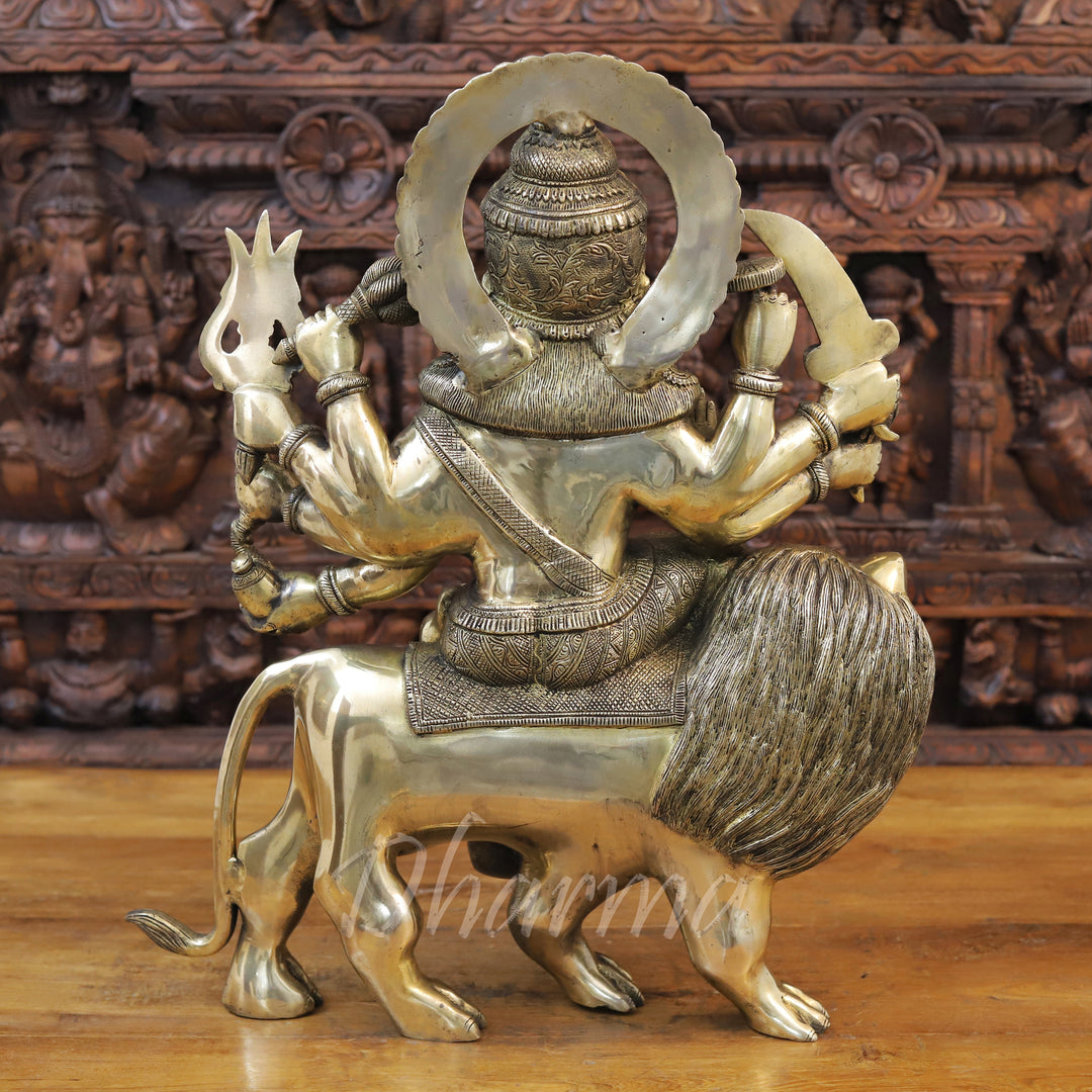 Brass Durga Statue, Seated on a Lion, Divine Power & Elegance, Antique Golden Finish 23.5"