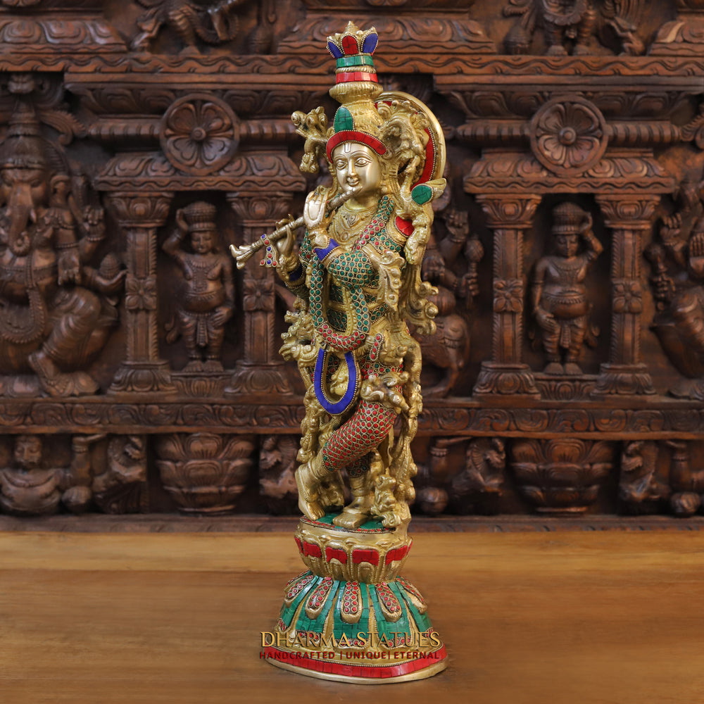 Brass Krishna Idol, Playing Flute, Fine Golden and Stone work 24" left view