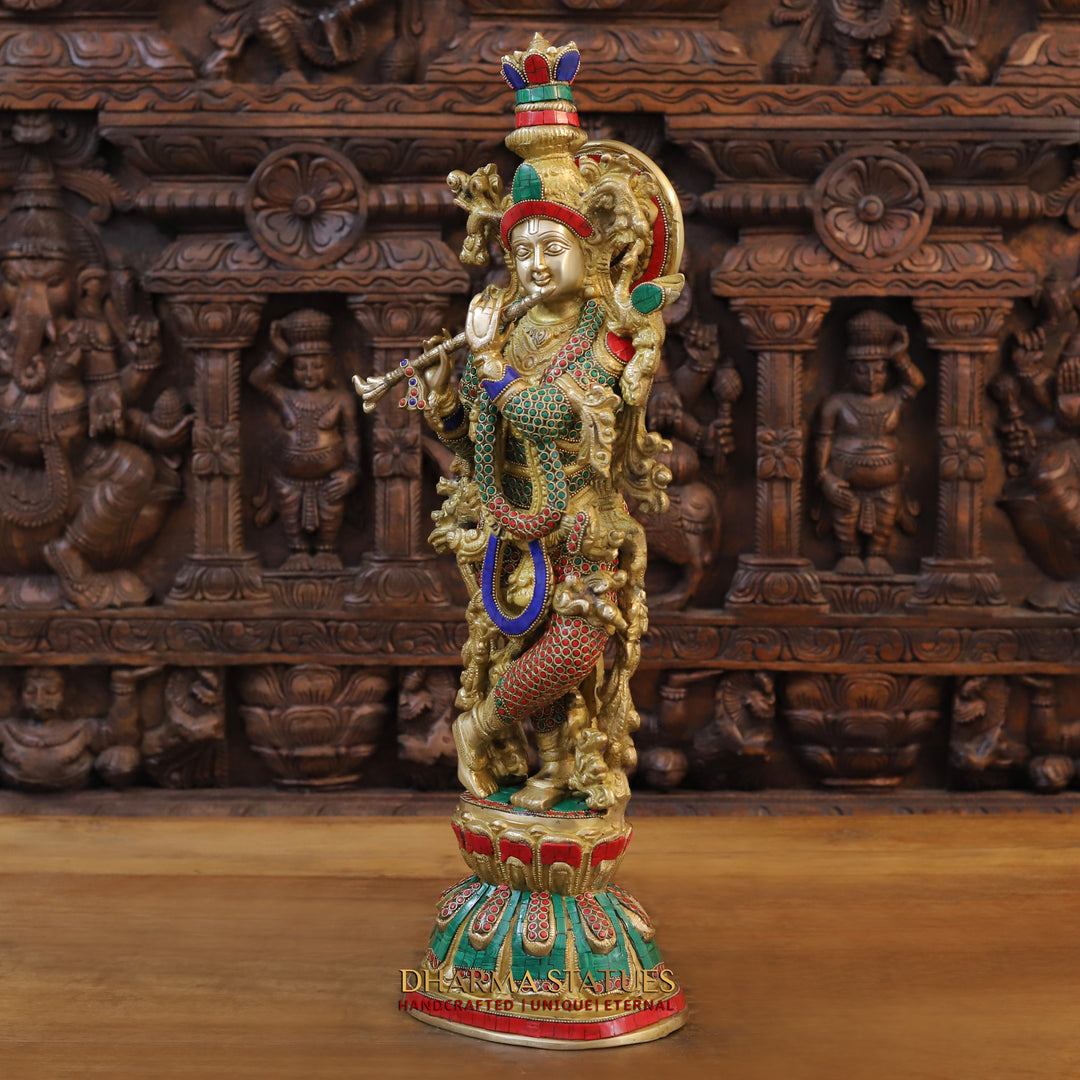 Brass Krishna Idol, Playing Flute, Fine Golden and Stone work 24" left view