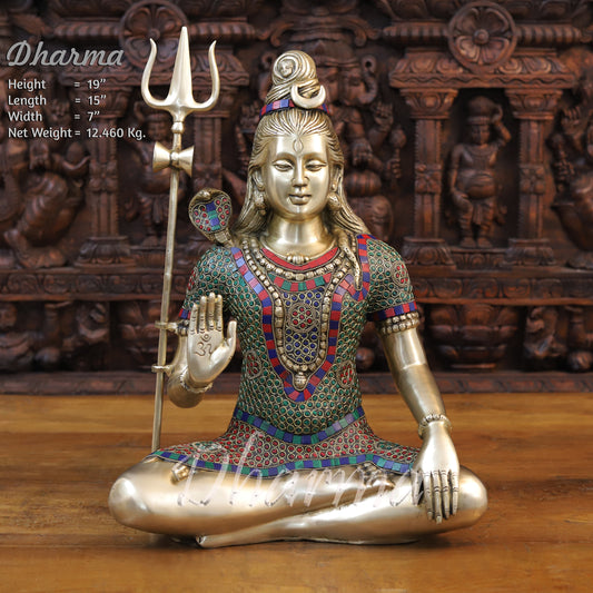 Brass Lord Shiva Idol, Blessing Pose, Stonework with Golden Finish 19"