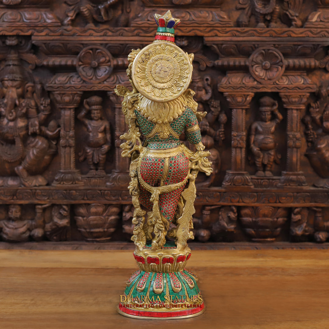 Brass Krishna Idol, Playing Flute, Fine Golden and Stone work 24" back view