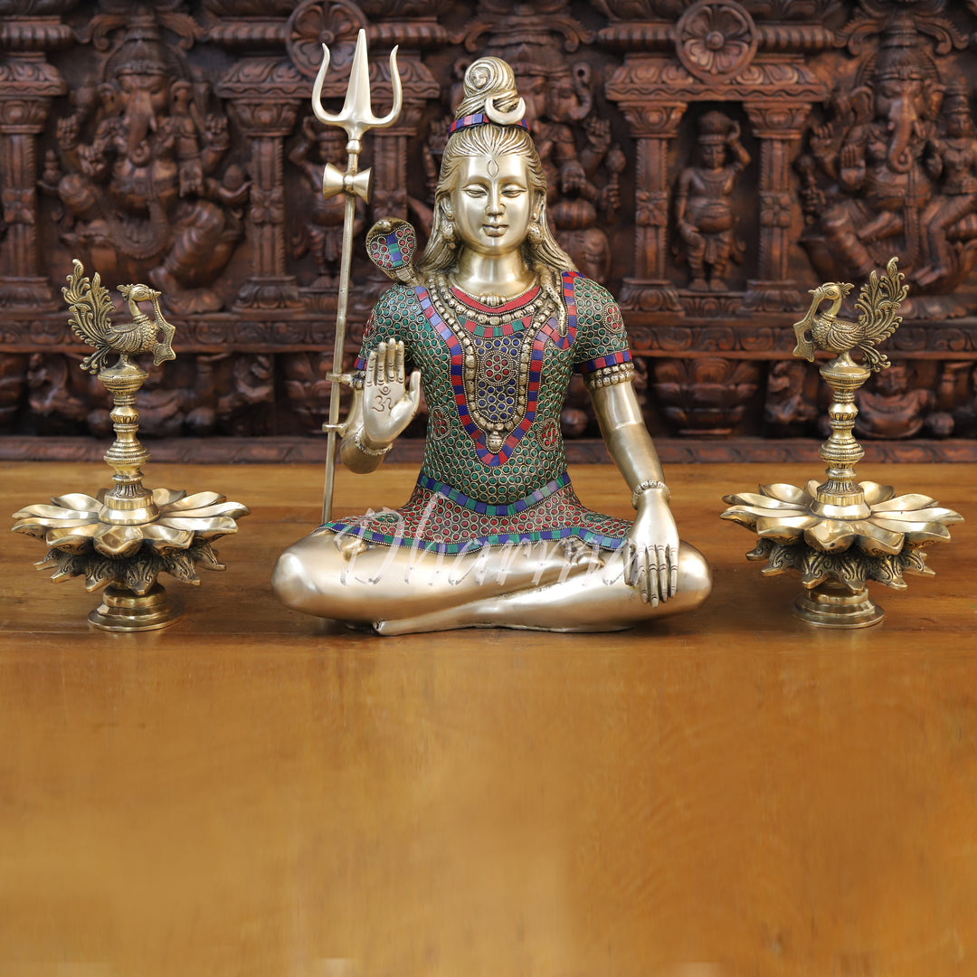 Brass Lord Shiva Idol, Blessing Pose, Stonework with Golden Finish 19"