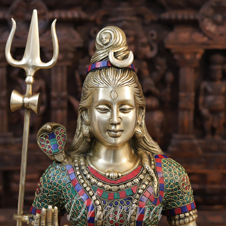 Brass Lord Shiva Idol, Blessing Pose, Stonework with Golden Finish 19"