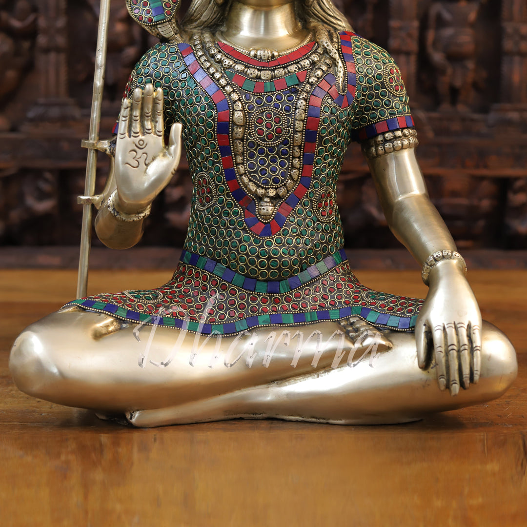 Brass Lord Shiva Idol, Blessing Pose, Stonework with Golden Finish 19"