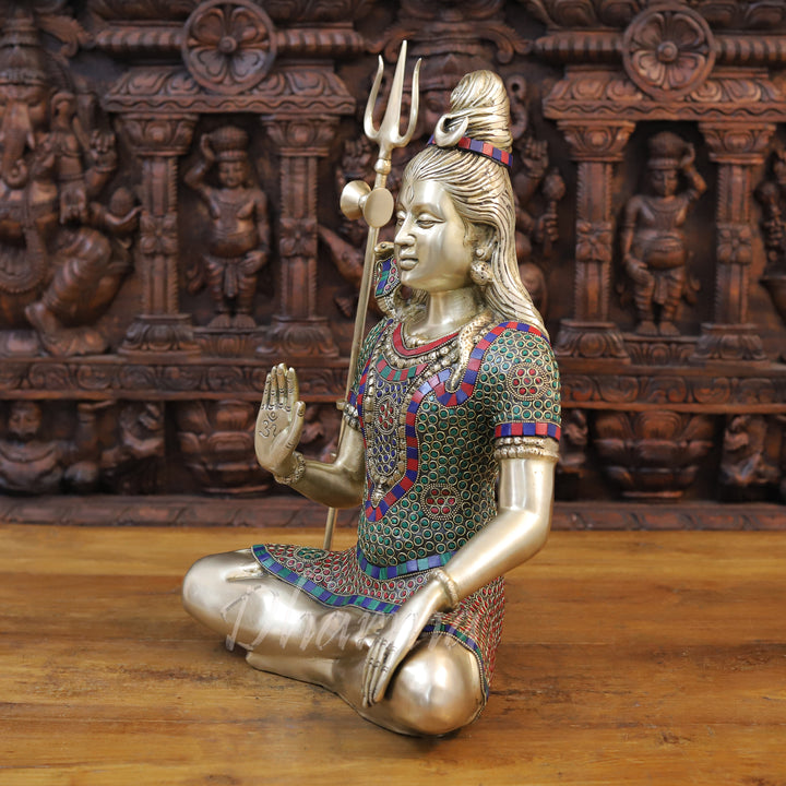 Brass Lord Shiva Idol, Blessing Pose, Stonework with Golden Finish 19"