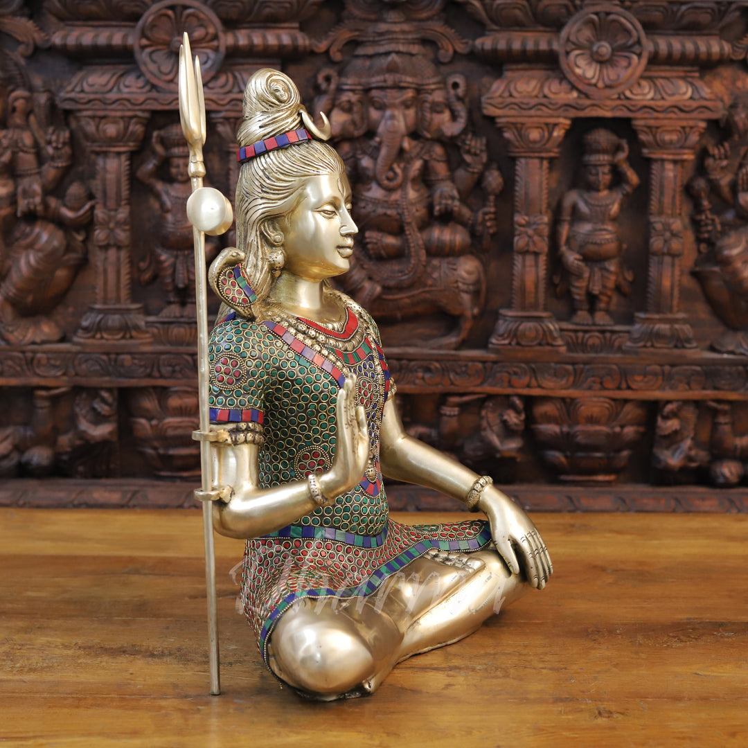 Brass Lord Shiva Idol, Blessing Pose, Stonework with Golden Finish 19"