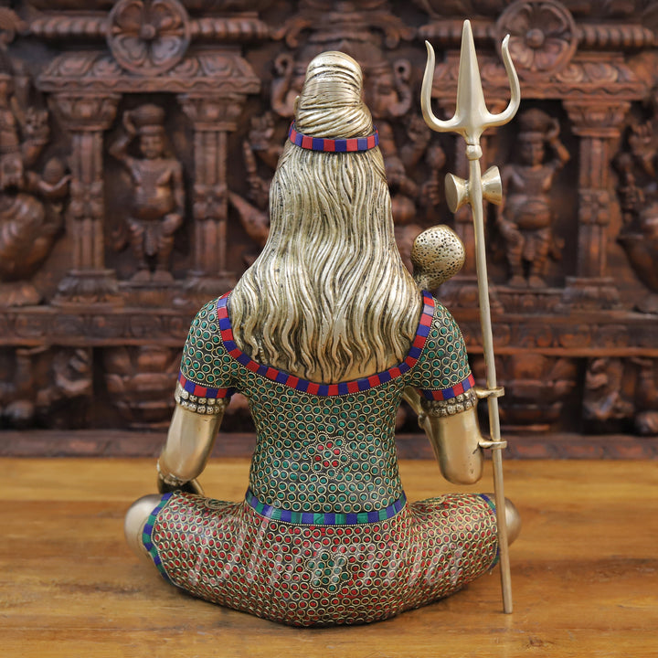 Brass Lord Shiva Idol, Blessing Pose, Stonework with Golden Finish 19"