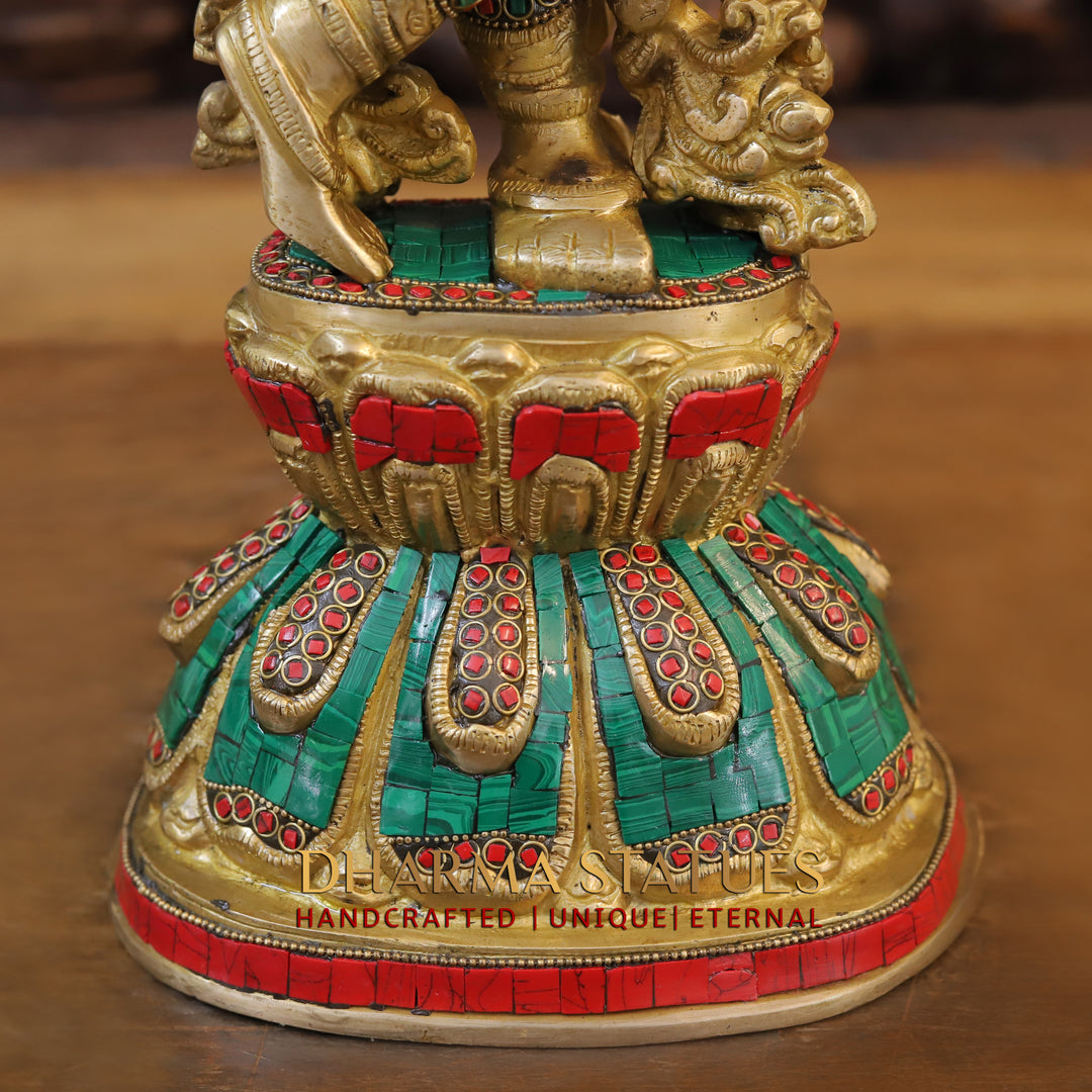 Brass Lord Krishna Playing Flute Statue – Adorned with Semi-Precious Stones, Gold Finish, 24"