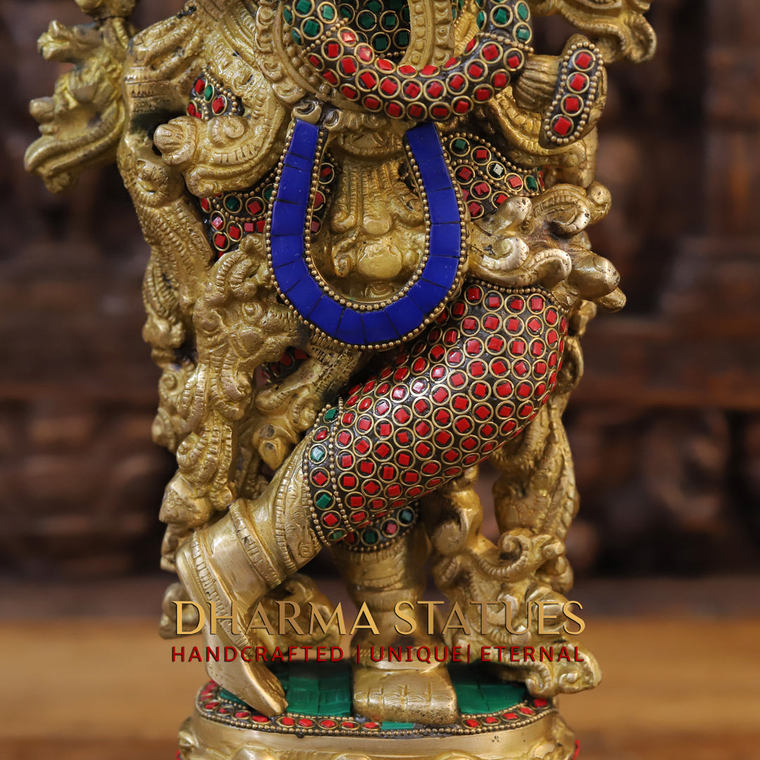 Brass Lord Krishna Playing Flute Statue – Adorned with Semi-Precious Stones, Gold Finish, 24"