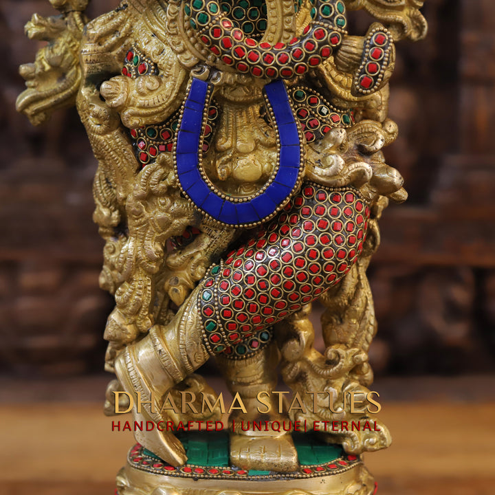 Brass Lord Krishna Playing Flute Statue – Adorned with Semi-Precious Stones, Gold Finish, 24"