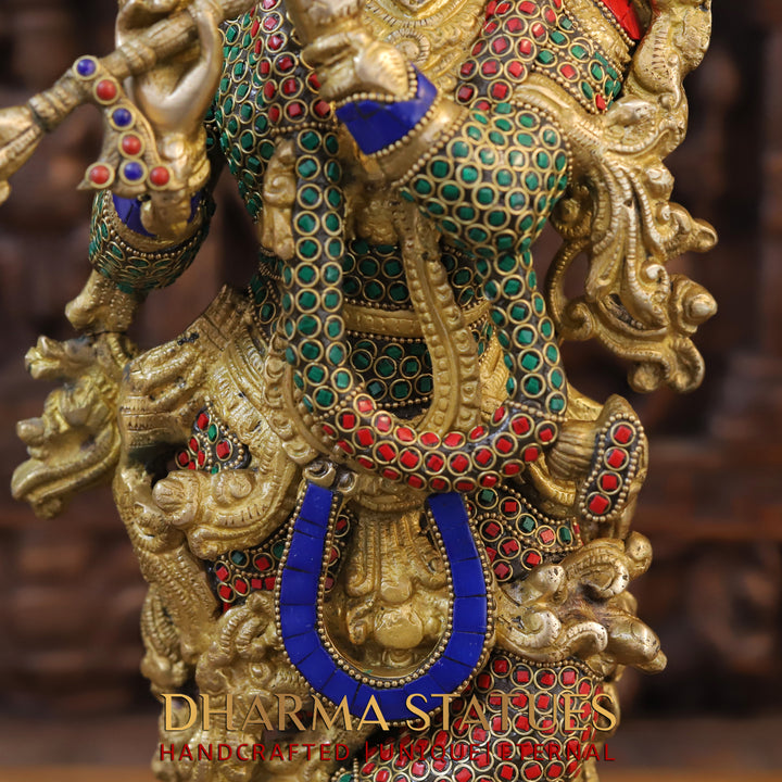 Brass Lord Krishna Playing Flute Statue – Adorned with Semi-Precious Stones, Gold Finish, 24"