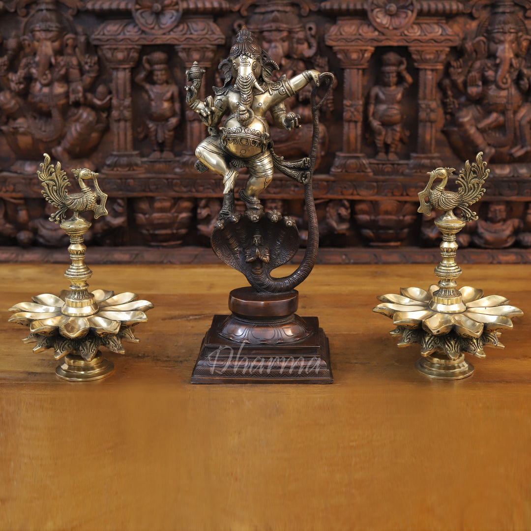 Brass Ganesh On Snake (Kalinga Ganesha) Fine Copper and Golden Finish, 19"