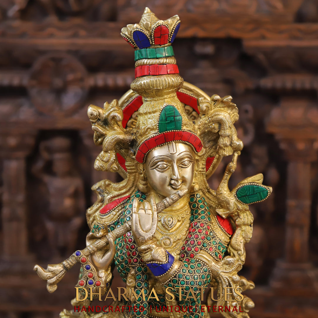 Brass Lord Krishna Playing Flute Statue – Adorned with Semi-Precious Stones, Gold Finish, 24"