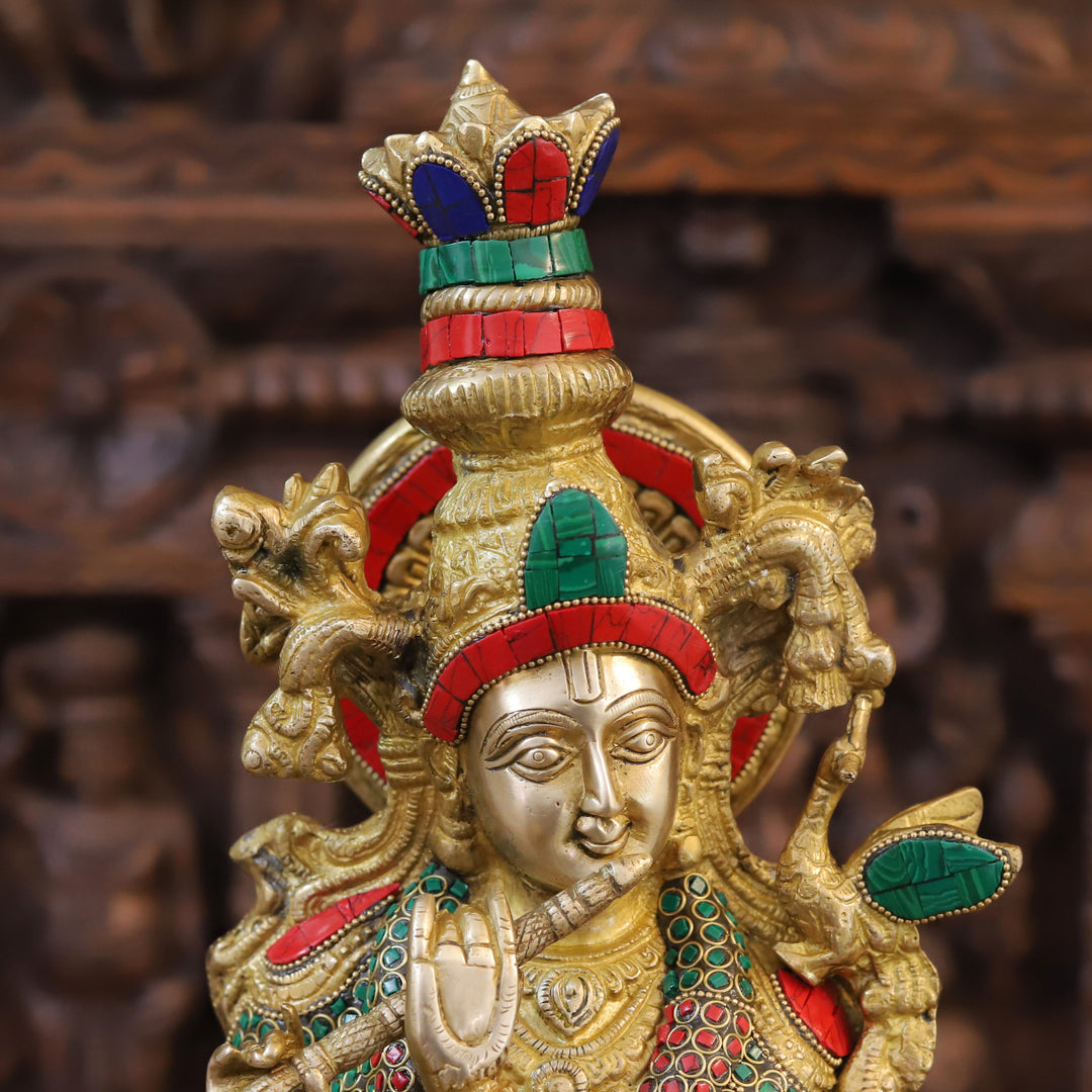 Brass Lord Krishna Playing Flute Statue – Adorned with Semi-Precious Stones, Gold Finish, 24"