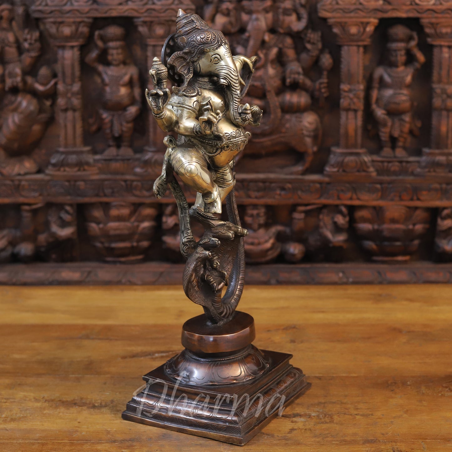 Brass Ganesh On Snake (Kalinga Ganesha) Fine Copper and Golden Finish, 19"