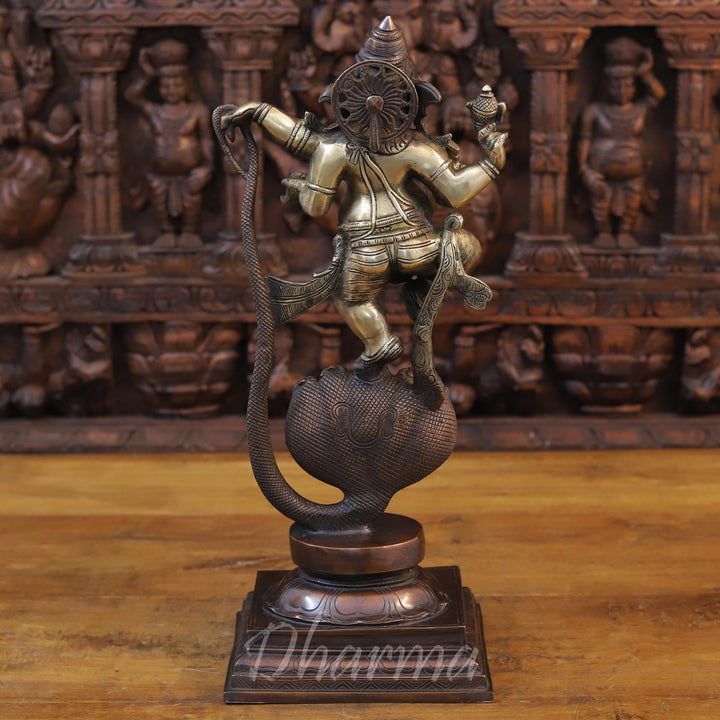 Brass Ganesh On Snake (Kalinga Ganesha) Fine Copper and Golden Finish, 19"