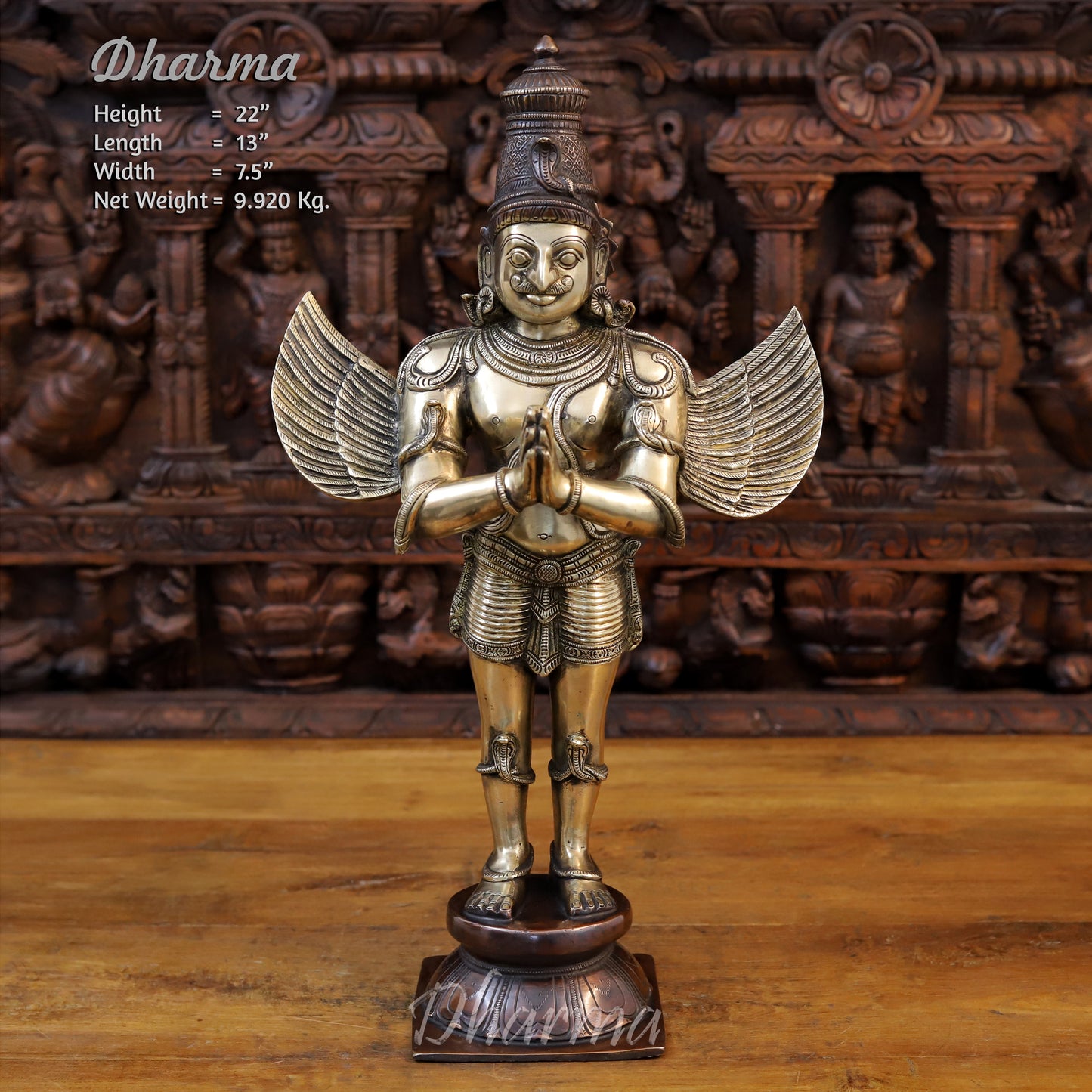 Brass Garuda Statue, Standing in Anjali Mudra, Fine Golden Finish 22"