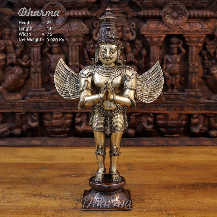 Brass Garuda Idol, Standing in Namaskar Pose, Fine Golden Finish 22"