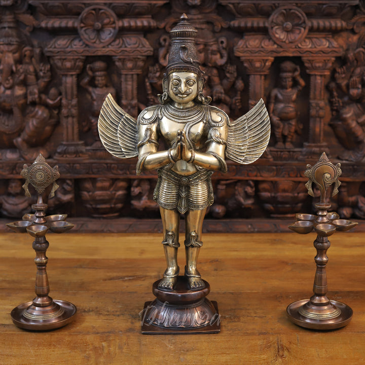 Brass Garuda Idol, Standing in Namaskar Pose, Fine Golden Finish 22"