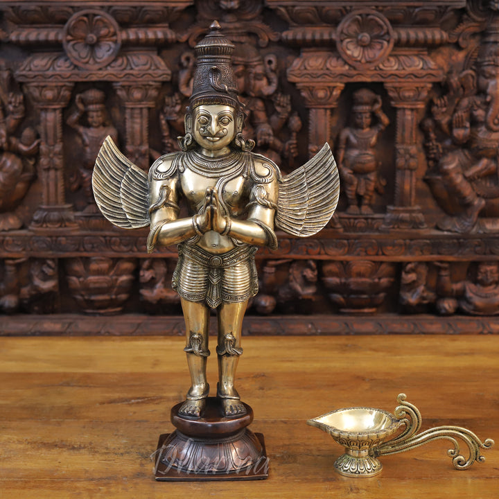 Brass Garuda Idol, Standing in Namaskar Pose, Fine Golden Finish 22"