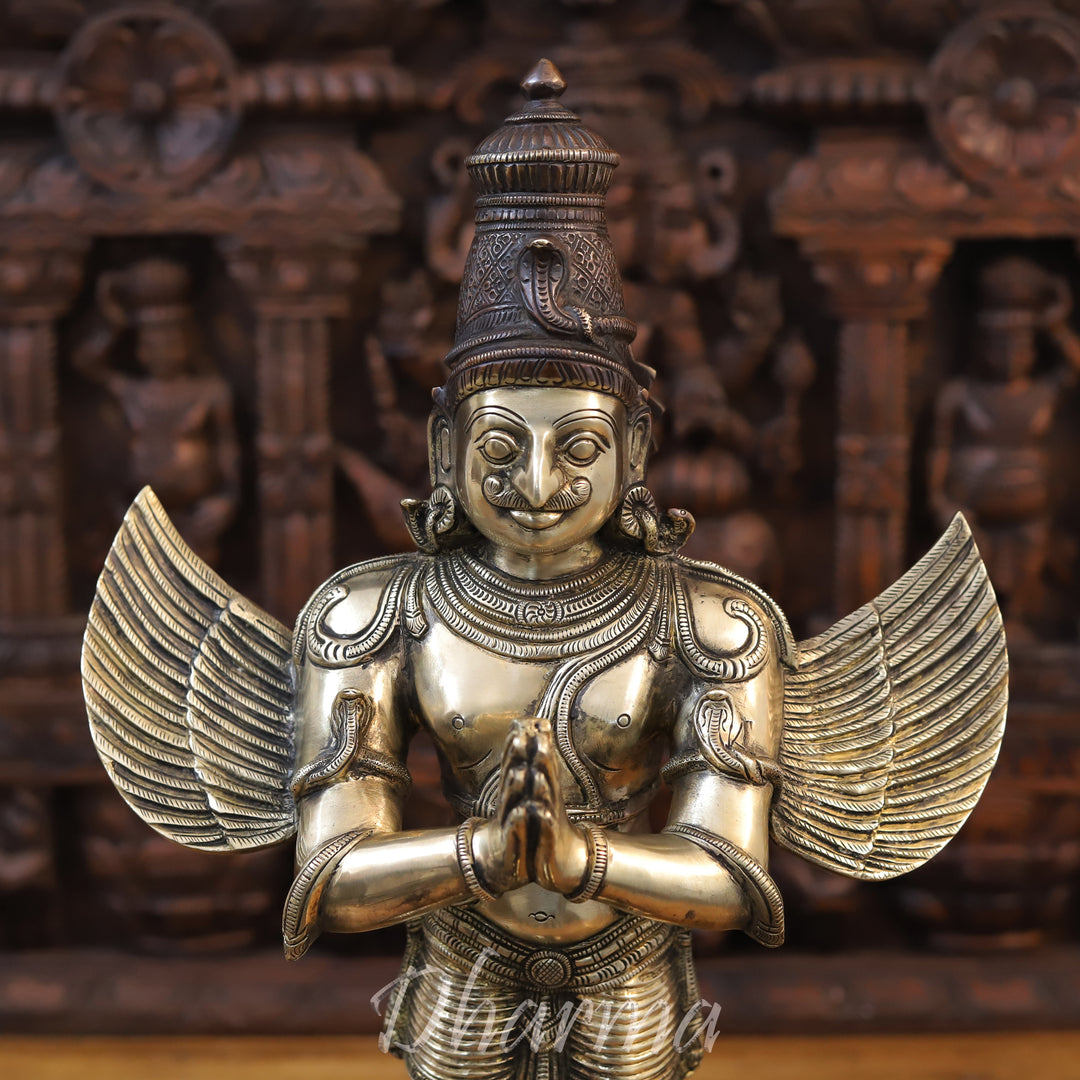 Brass Garuda Idol, Standing in Namaskar Pose, Fine Golden Finish 22"