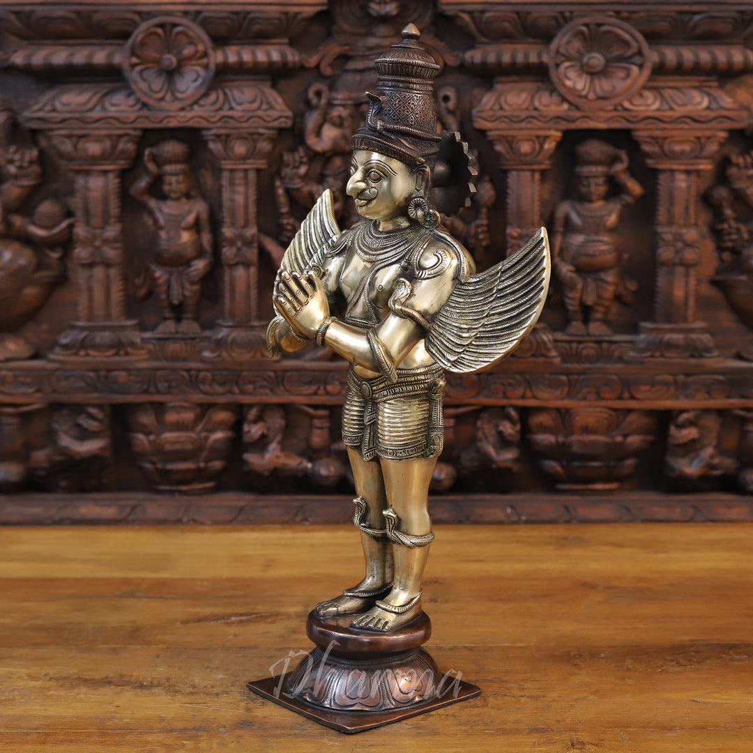 Brass Garuda Idol, Standing in Namaskar Pose, Fine Golden Finish 22"