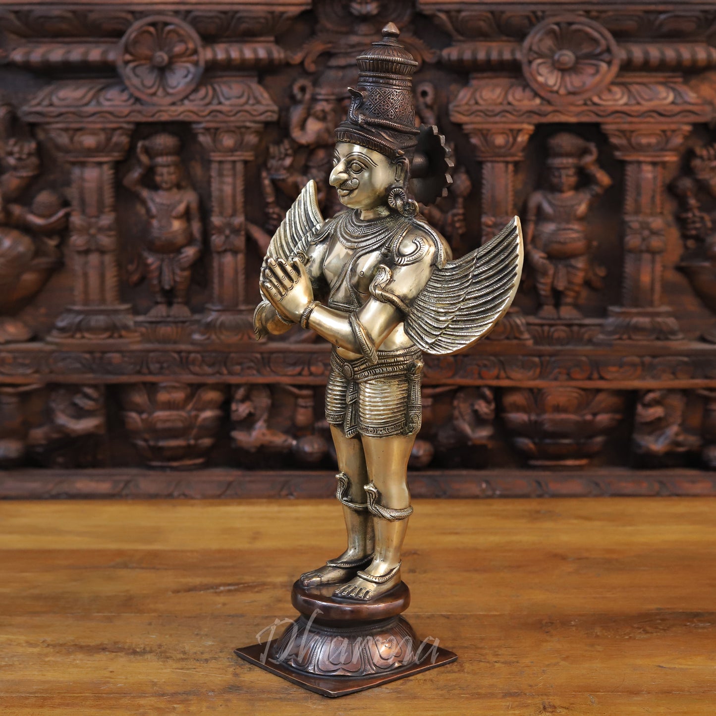 Brass Garuda Statue, Standing in Anjali Mudra, Fine Golden Finish 22"