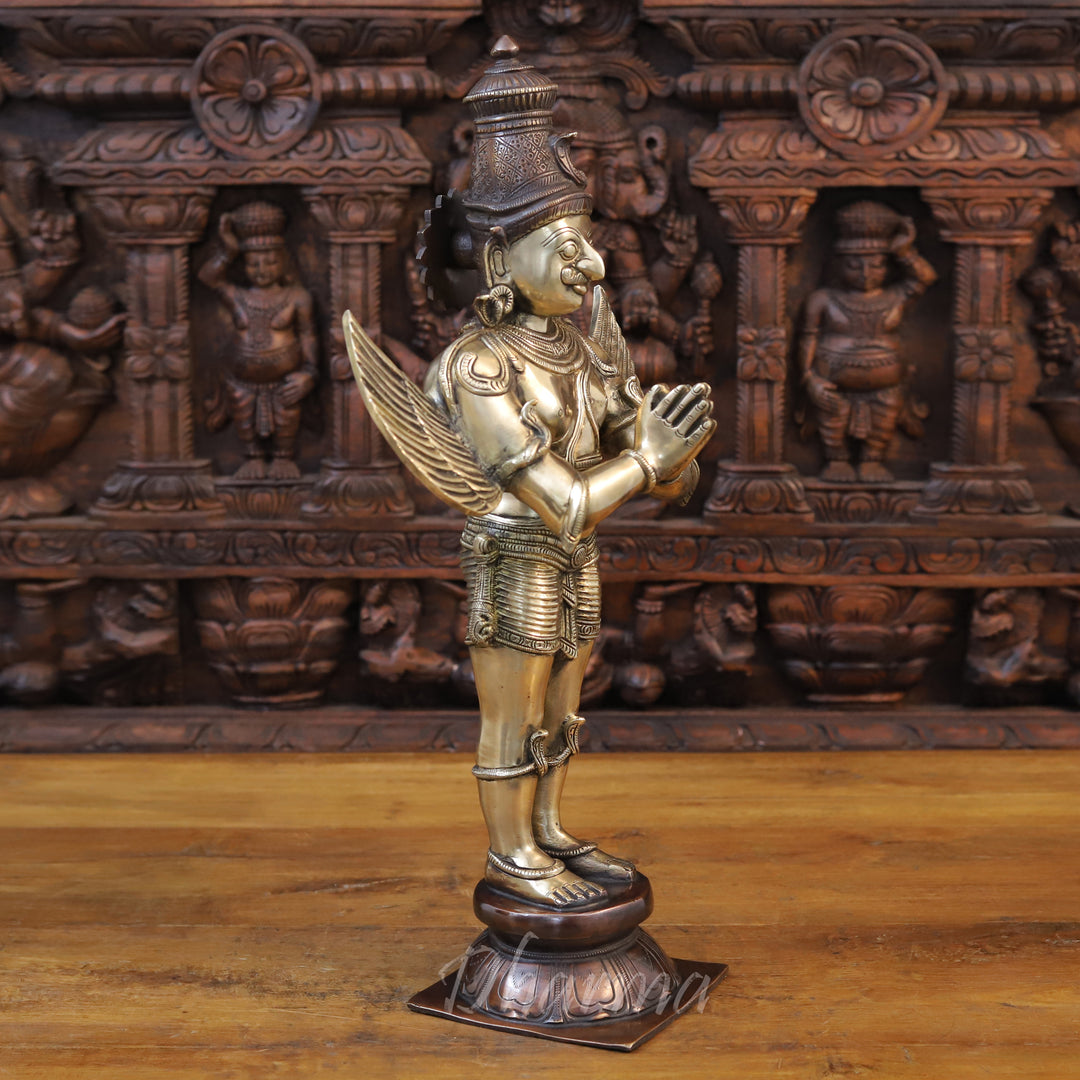 Brass Garuda Idol, Standing in Namaskar Pose, Fine Golden Finish 22"