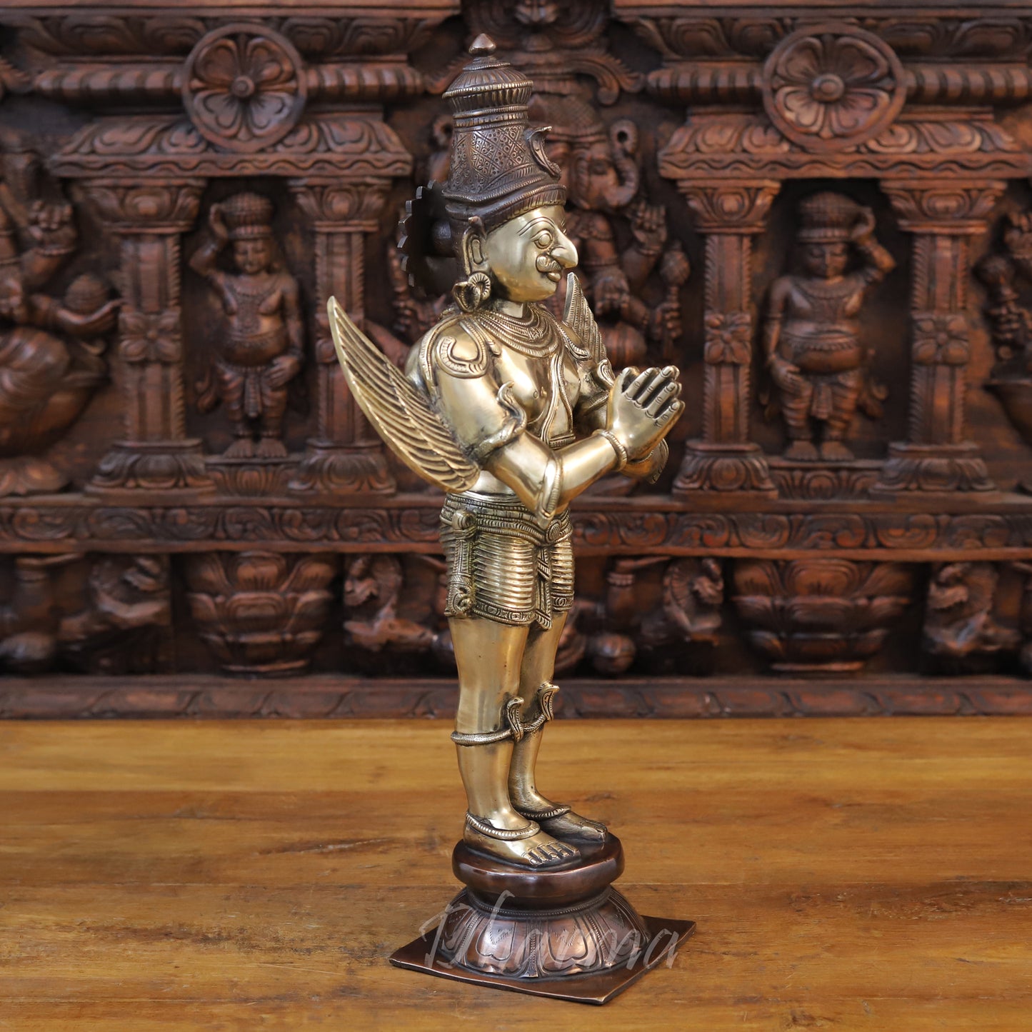 Brass Garuda Statue, Standing in Anjali Mudra, Fine Golden Finish 22"