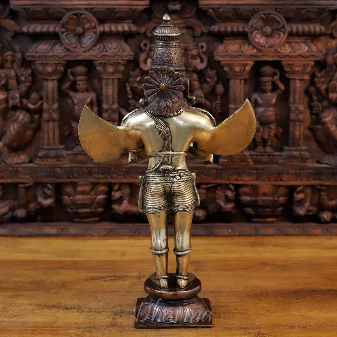 Brass Garuda Idol, Standing in Namaskar Pose, Fine Golden Finish 22"