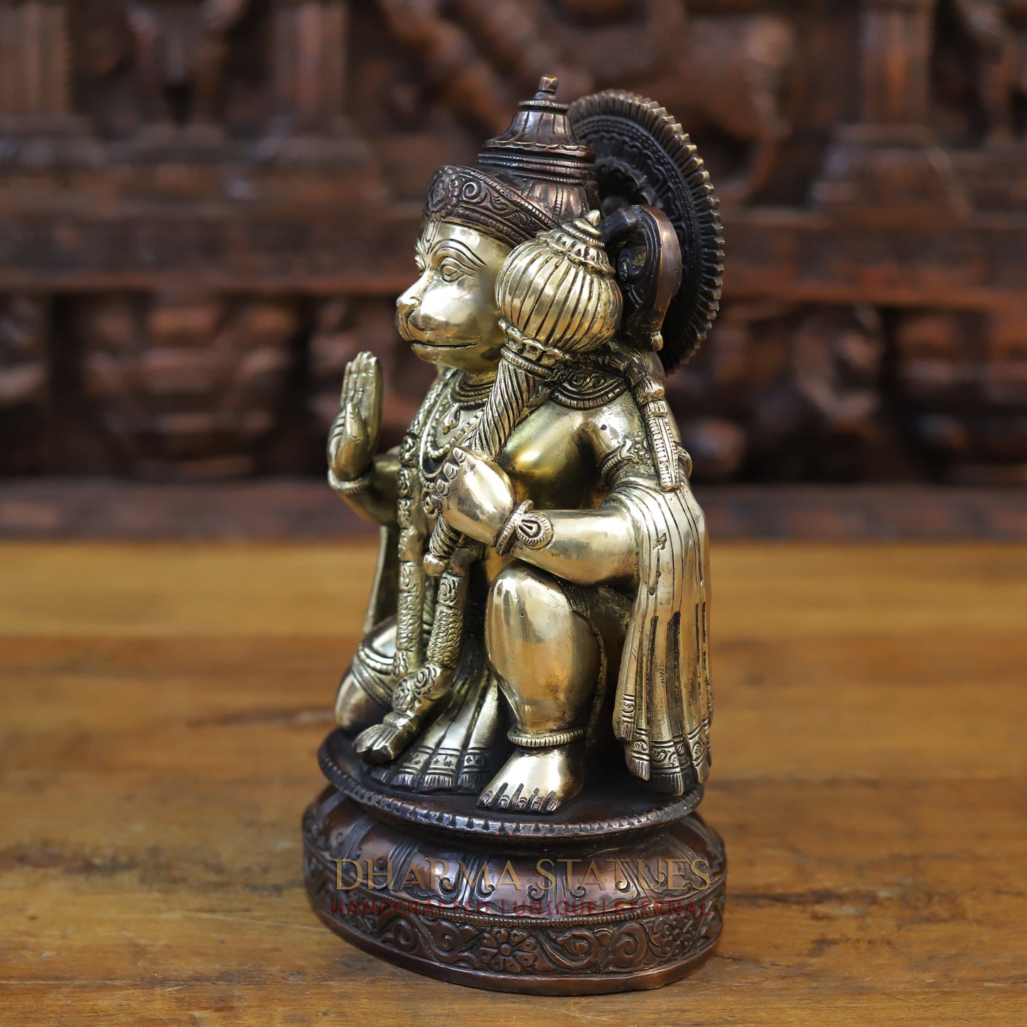 Brass Hanuman Idol, Seated in a Blessing Pose, Copper & Golden Finish 10.5"