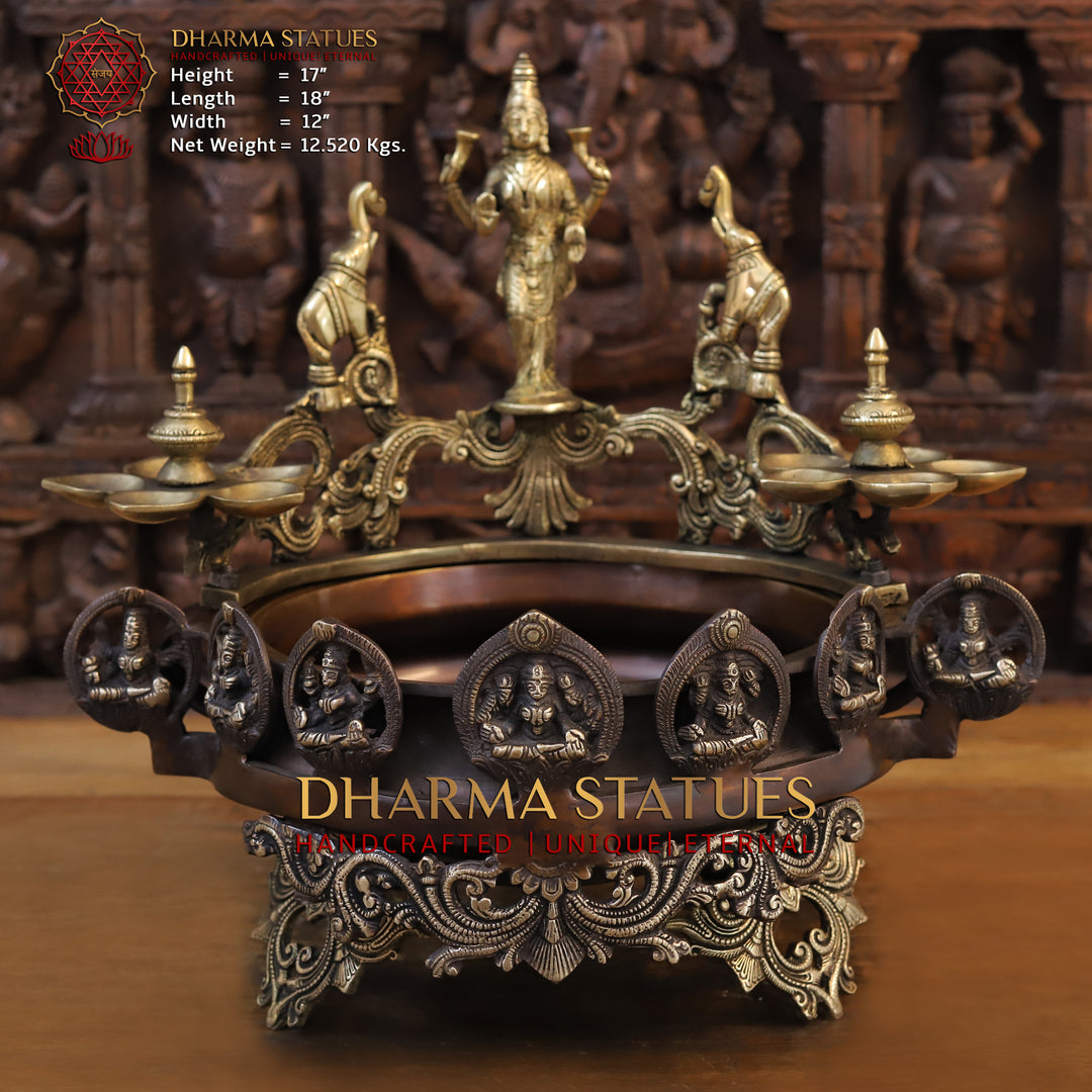 Brass Gajlakshmi Urli, Golden and Copper Finish 17" Front View