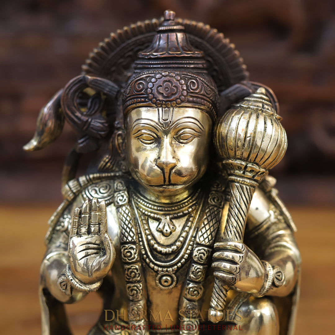 Brass Hanuman Idol, Seated in a Blessing Pose, Copper & Golden Finish 10.5"