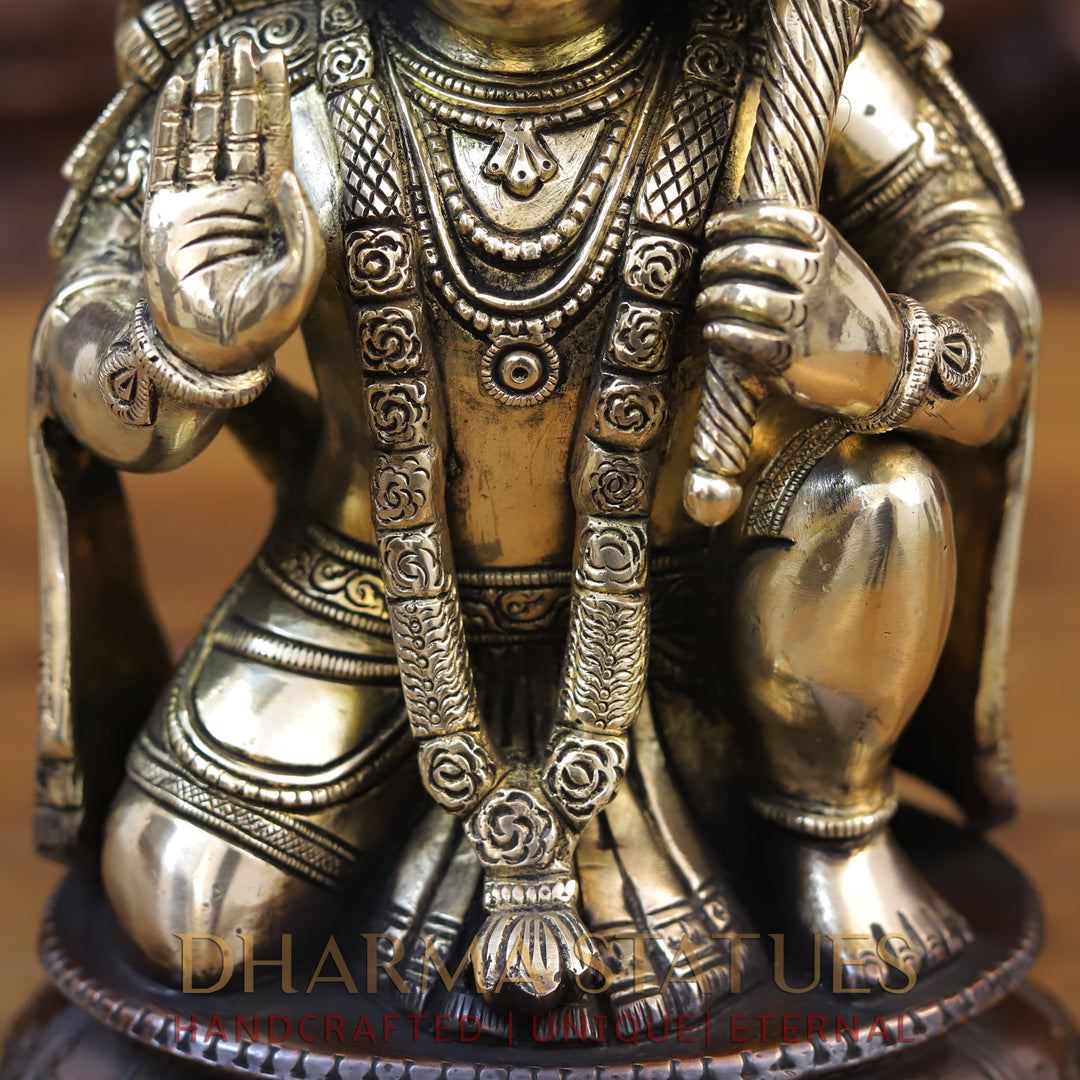 Brass Hanuman Idol, Seated in a Blessing Pose, Copper & Golden Finish 10.5"