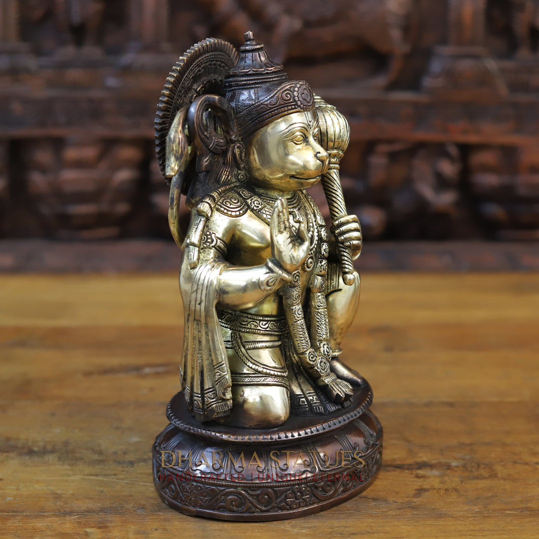 Brass Hanuman Idol, Seated in a Blessing Pose, Copper & Golden Finish 10.5"